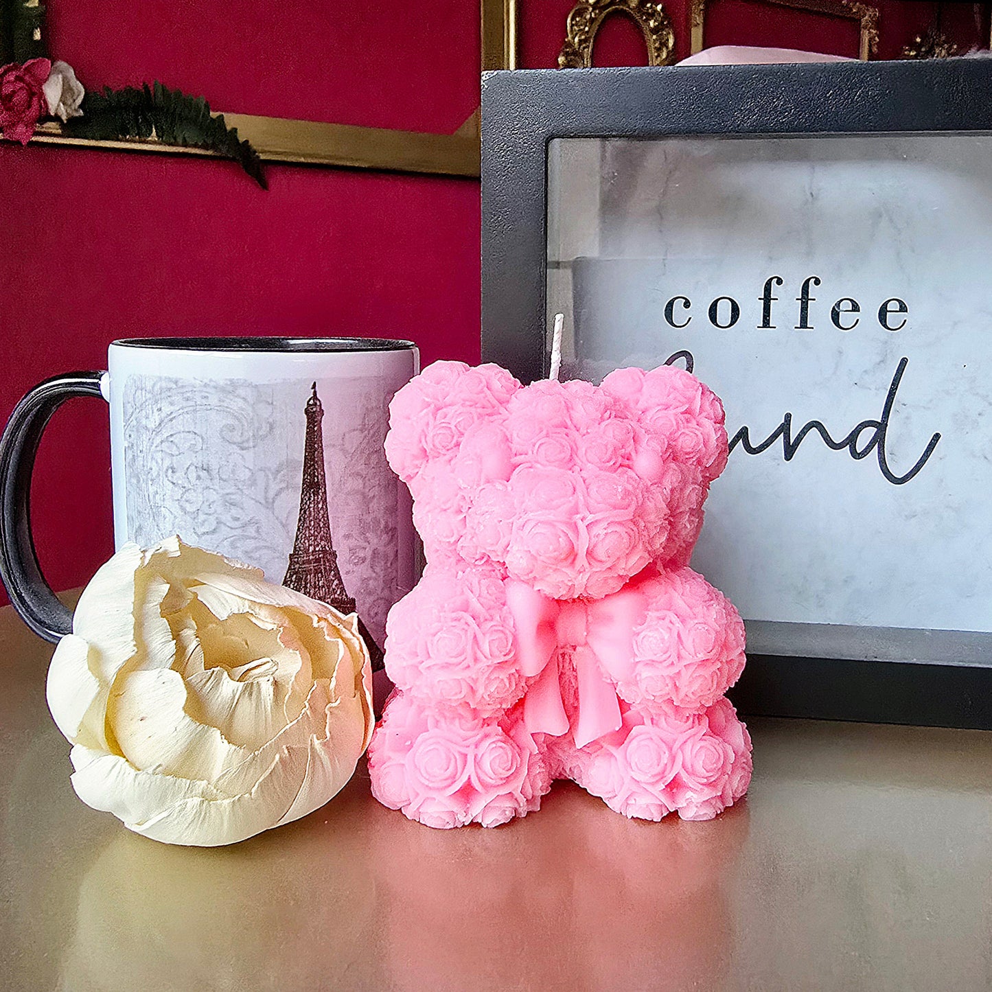 Large Rose Pink Teddy Bear Scented Candle (Warm Vanilla Sugar)