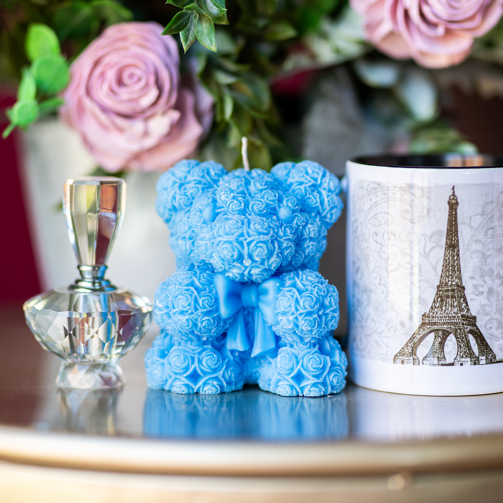 Large Rose Blue Teddy Bear Scented Candle (Cotton Candy)